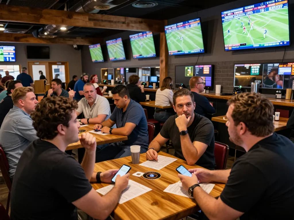 Engaged patrons analyzing odds at keonhacai5 in an exciting sports bar atmosphere.