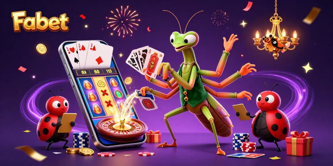 Experience Fabet's vibrant casino atmosphere with a lively mantis dealer in action.