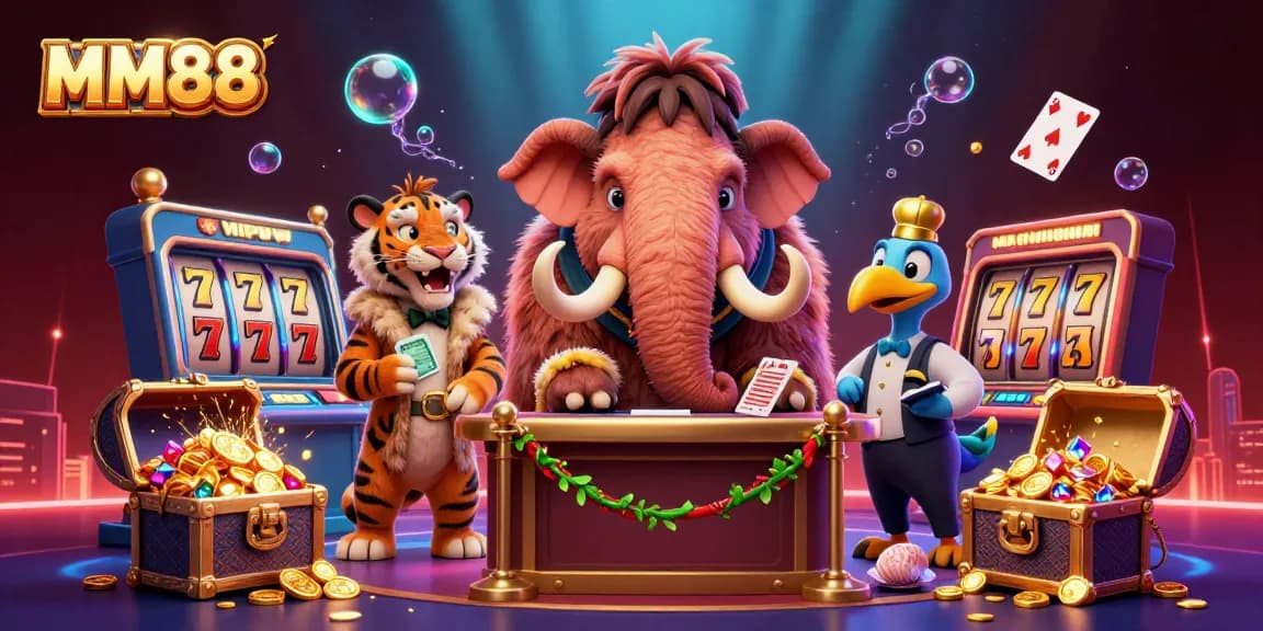 Engage with MM88's vibrant casino scene featuring a woolly mammoth bouncer and explosive treasures.