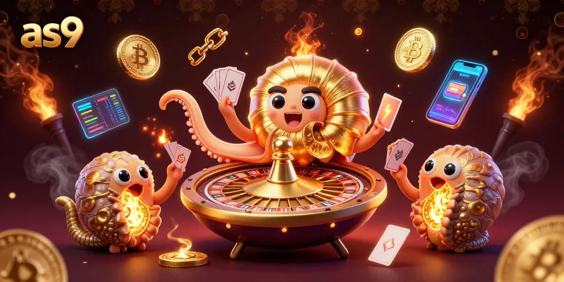 Engaging casino scene featuring as9 with a giant nautilus roulette wheel and glowing cryptocurrency elements.