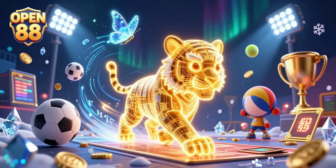 Bet on OPEN 88 as a golden tiger prowls a vibrant digital casino scene surrounded by sports action.