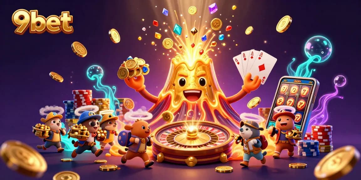 Engage in thrilling gameplay with the 9bet casino scene showcasing treasure eruptions and roulette.