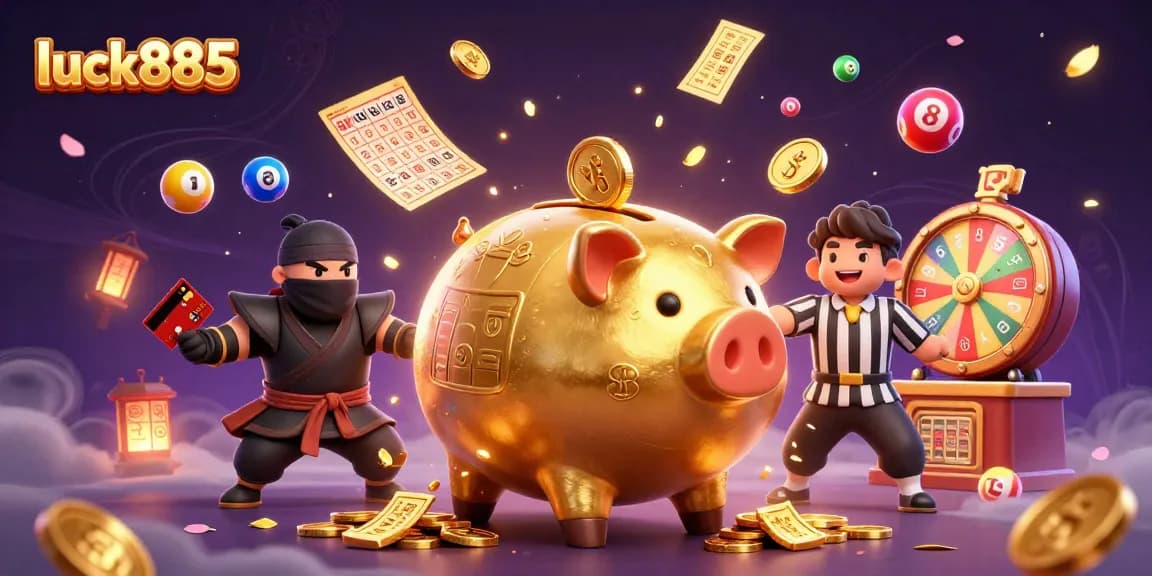 Join the excitement at luck885 with a lively scene of a sumo wrestler piggy bank, ninja, and samurai in a dynamic casino setting