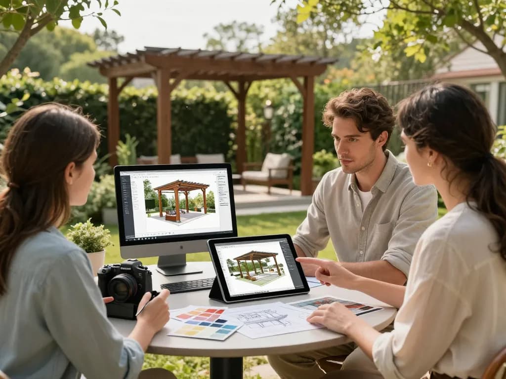 Diseñador profesional utilizando el configurador de pérgolas 3D en un jardín iluminado por el sol, mostrando renderizado 3D en vivo y muestras de colores.