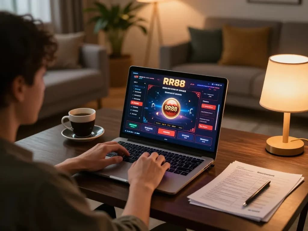Engaged player using the RR88 online casino app on laptop in a cozy home setting.