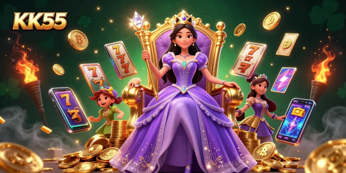 Play slots and jackpots on KK55, featuring a regal princess and glowing coins.