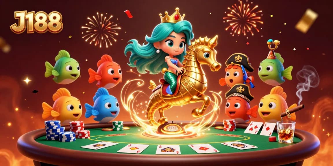 Experience the excitement of J188 with a vibrant scene of a mermaid princess at a poker table in an underwater casino.