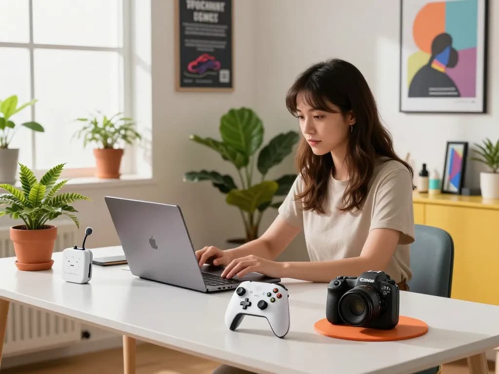 Affordable tech gadgets showcased in a stylish office setting with a young woman working on her laptop.