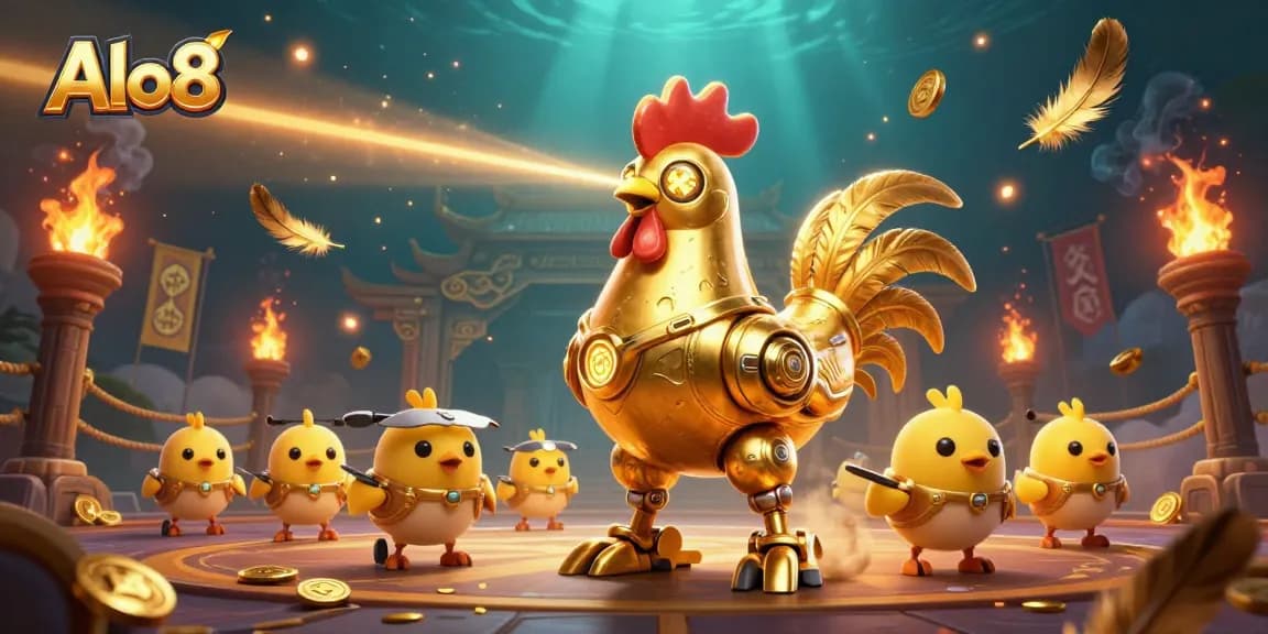 Alo8 showcases an ultra-detailed 3D illustration of a robot rooster engaging bettors with laser displays in a vibrant casino scene.