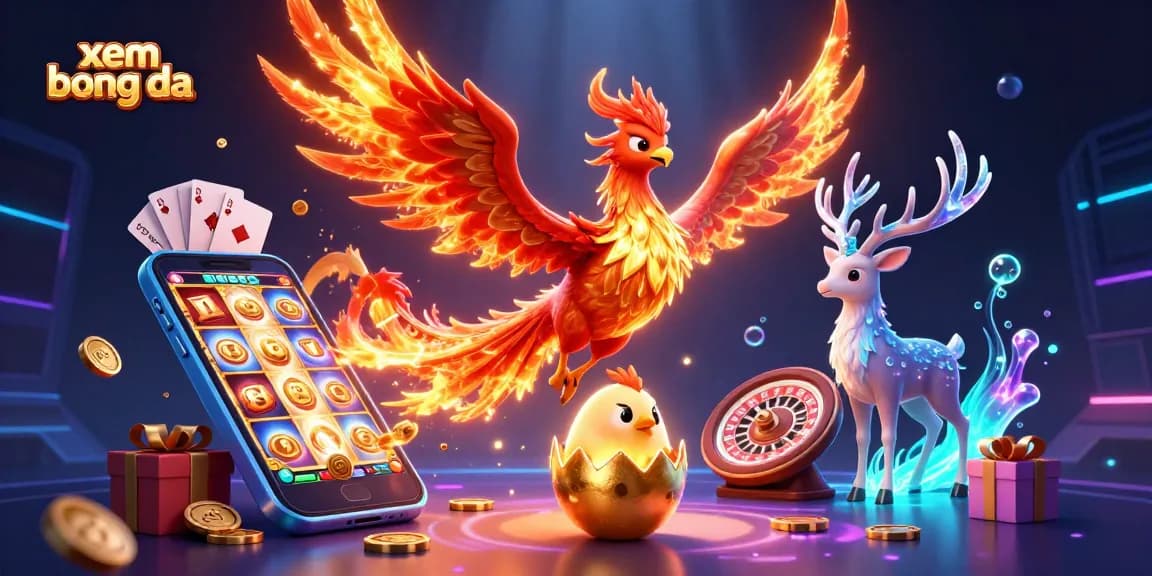 Xem bong da with dynamic gaming elements including a phoenix and smartphone in vivid cartoon scene.
