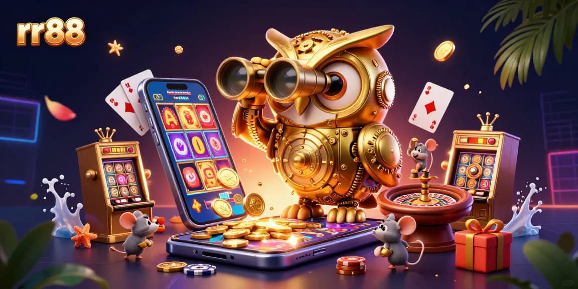 Experience the thrill of gaming at rr88 with golden coins, slot games, and vibrant casino elements.