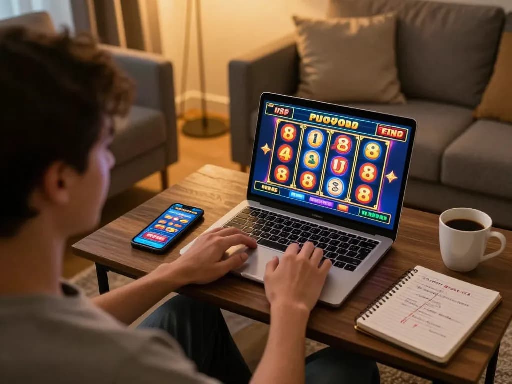 Engaging with the fly 88 online casino slots on a cozy home setup, showcasing a strategic gaming moment.