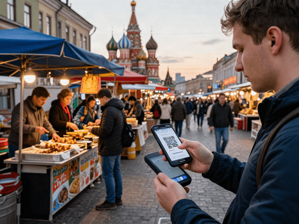 Un turista usando https://payinrussia.com/ para pagar en un mercado ruso, rodeado de arquitectura local y un ambiente vibrante.