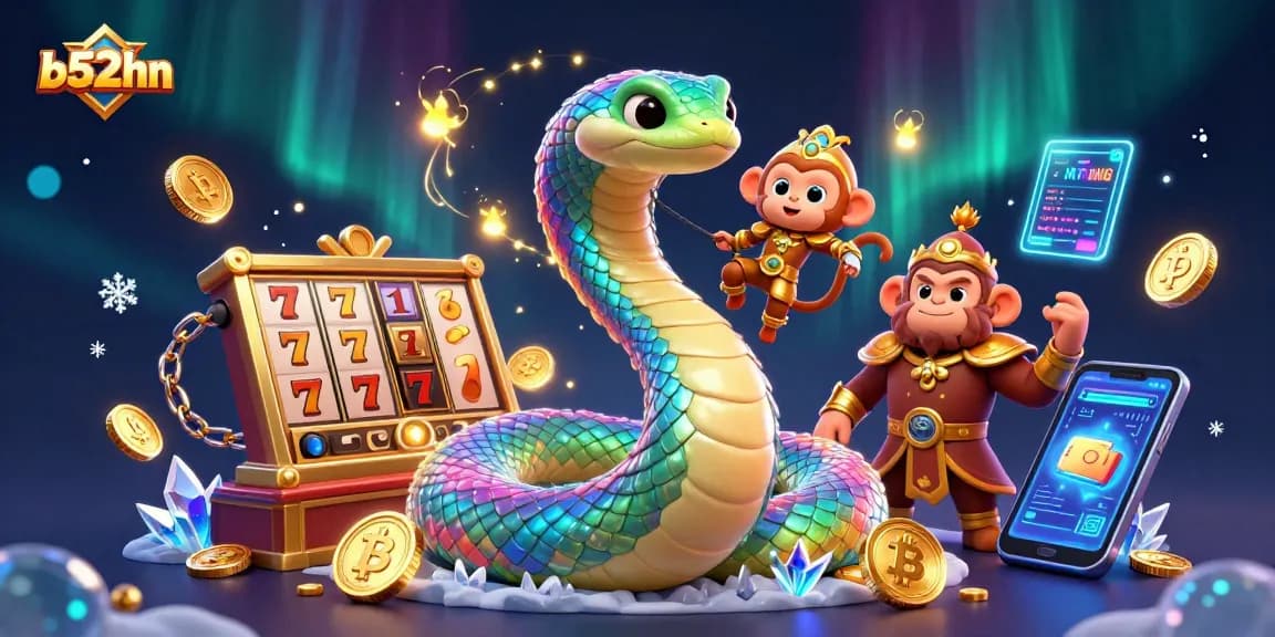 Spin and win at b52hn with vibrant slots and dynamic characters in a magical casino scene.