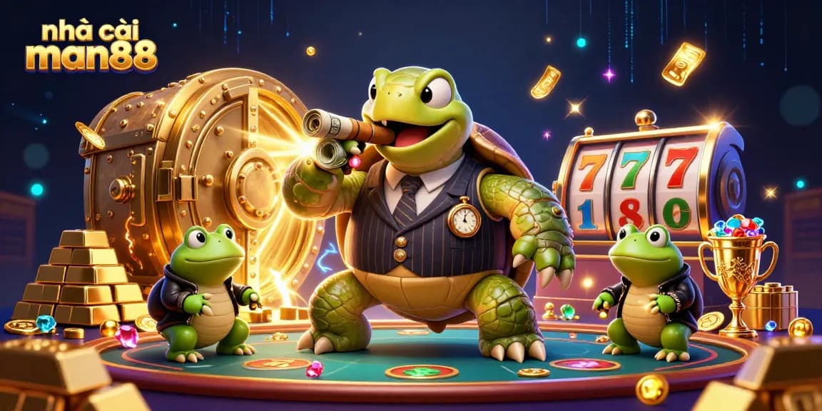 nhà cái man88 showcases a vibrant casino scene with a mobster turtle, bullfrog enforcers, and slot reels.