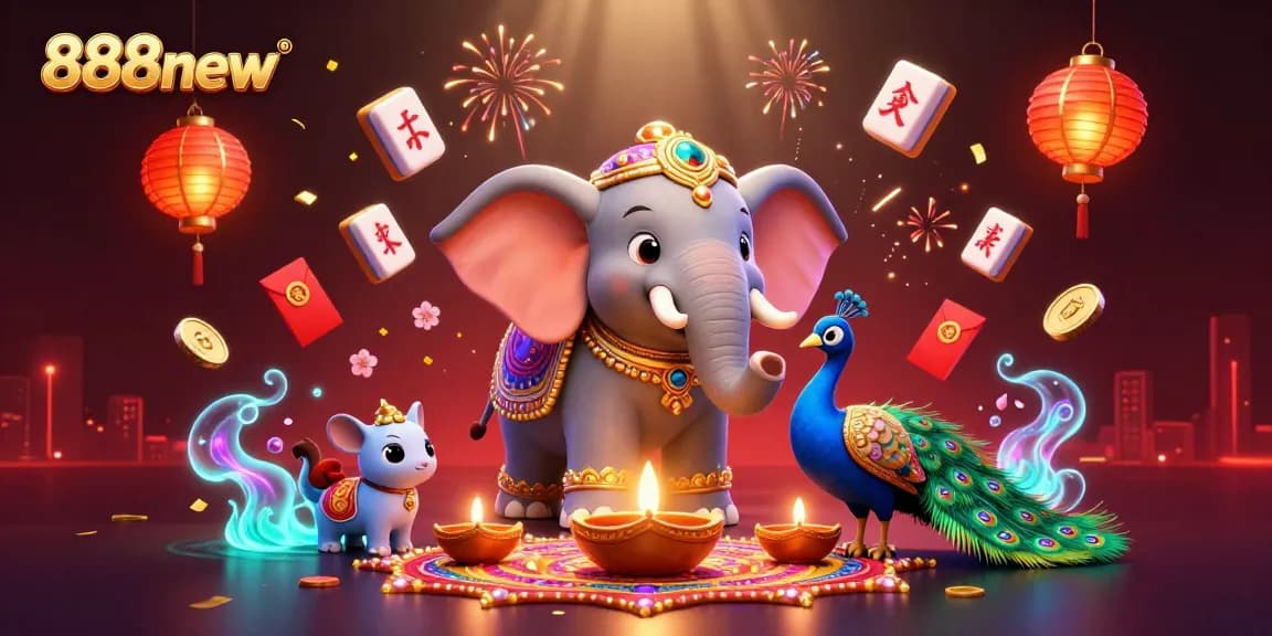 Engage with 888new's vibrant casino illustration featuring fantasy elements and festive decorations.