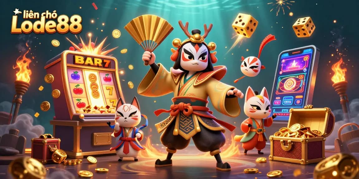 Engage with liên hệ Lode88 as a vibrant kabuki warrior and kitsune reveal fortune in a dynamic casino scene.