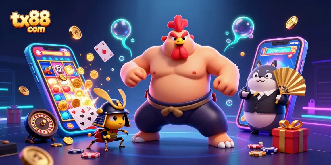 Engage with thrilling games at tx88 com, featuring a powerful sumo wrestler rooster and a fierce cricket.