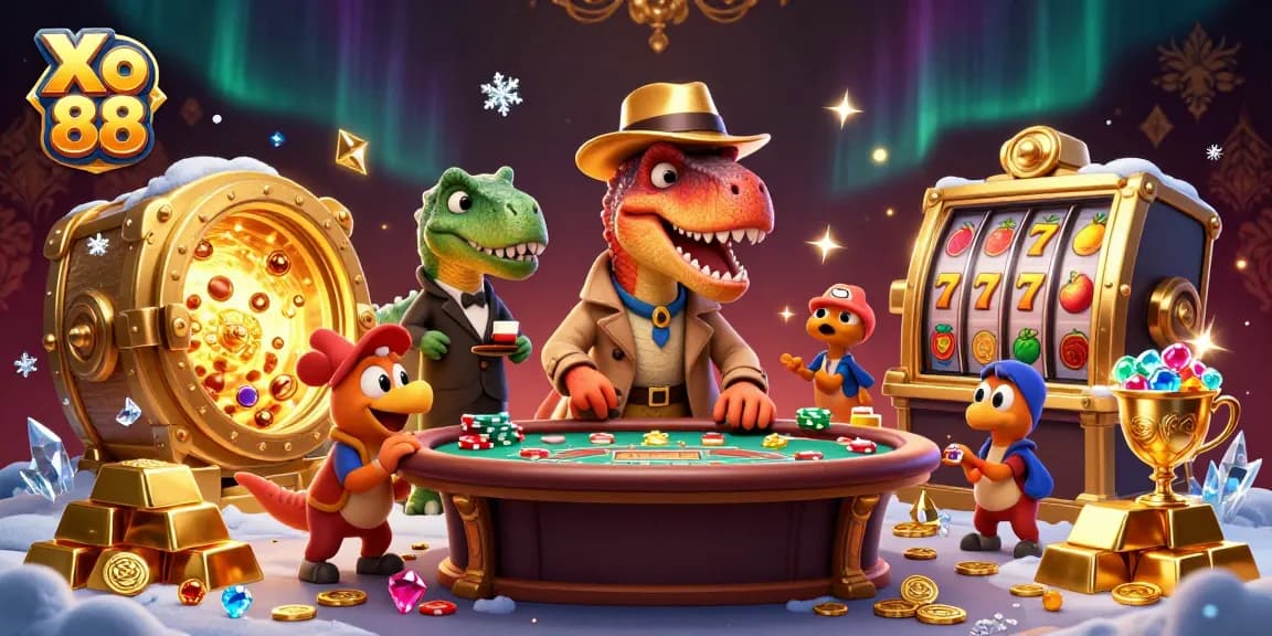 Xo 88 showcases vibrant casino action with a velociraptor at blackjack, surrounded by slots and treasure.