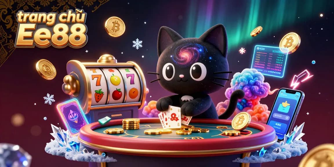 Play games at trang chủ Ee88 with a cosmic casino scene featuring a black hole cat amidst golden chips and crypto elements.