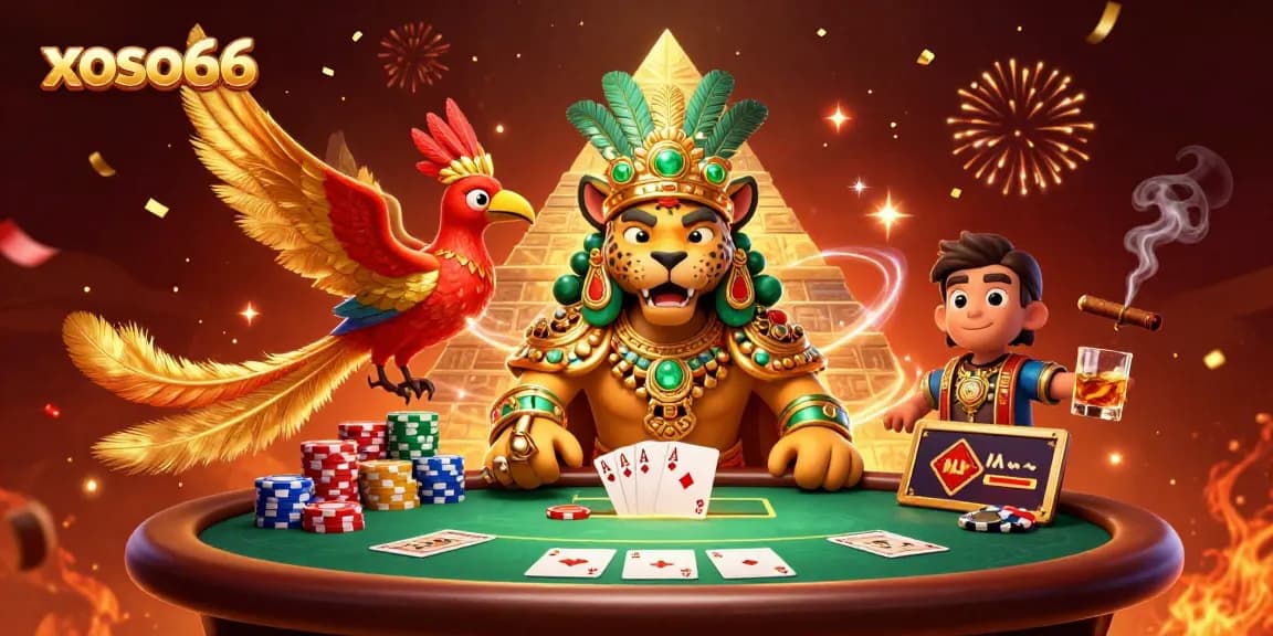 Engage with the thrilling xoso66 experience featuring a Mayan jaguar priest and phoenix in a rich gaming scene