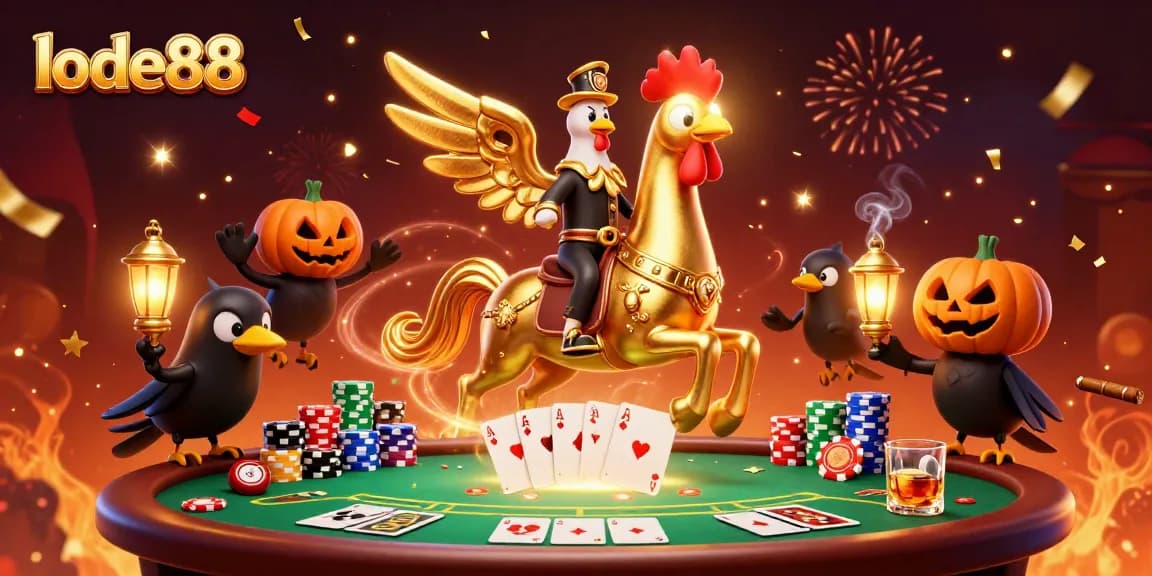 Experience an enchanted lode88 casino scene with a golden rooster and poker elements.