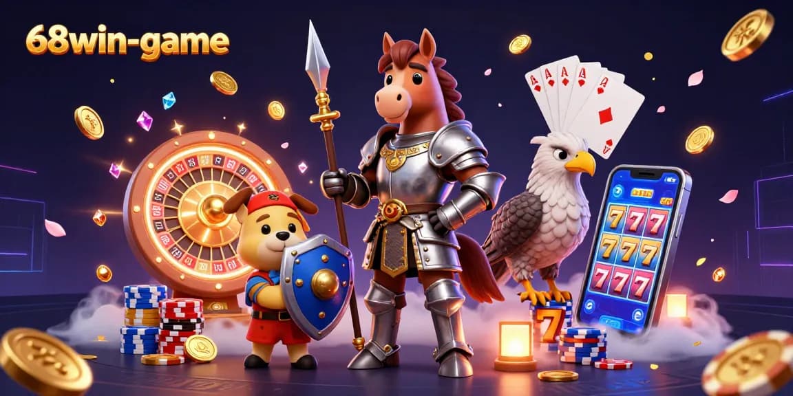 Engage with 68win-game's colorful 3D casino illustration featuring exciting themed elements and cinematic quality.