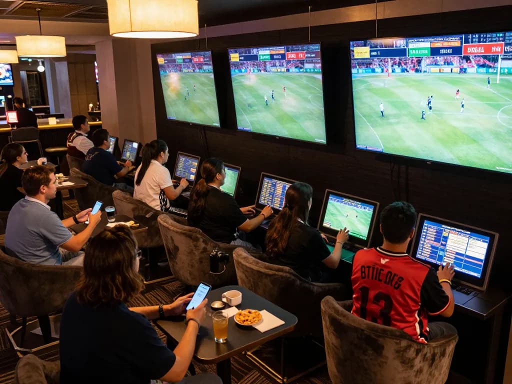 Engaged bettors at CM88's vibrant sports lounge placing bets on live games