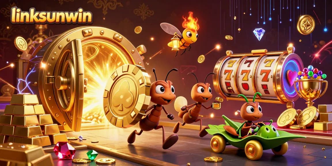 Experience the thrilling heist with linksunwin's ants as they navigate a world of golden treasures and slot reels.
