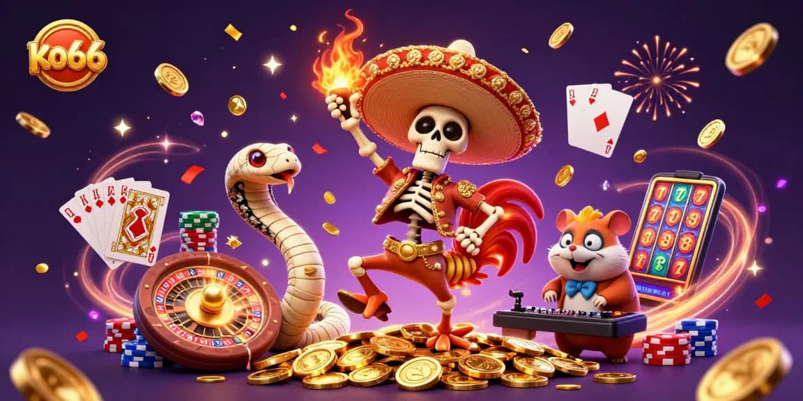 ko66 engages in thrilling casino action with a festive mariachi rooster, coins, and gems.