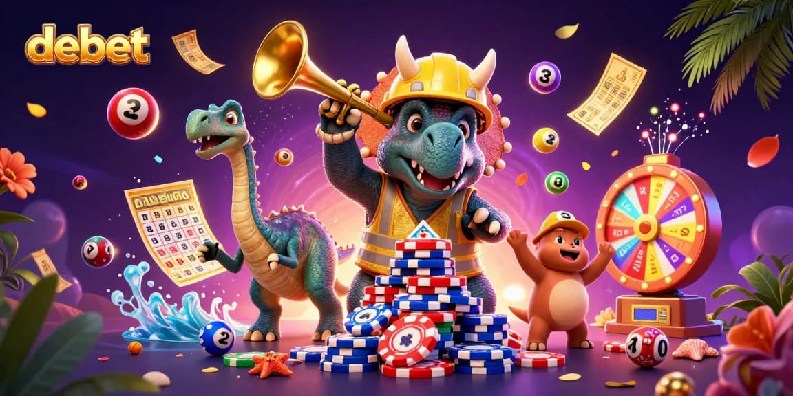 Join debet's thrilling adventure as a triceratops builds poker chip towers amidst lottery balls!