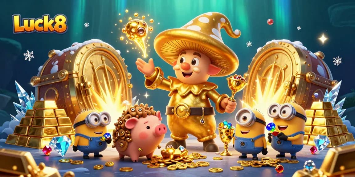 Luck8 captures fortune in a vibrant casino-themed illustration with magical elements and treasure.