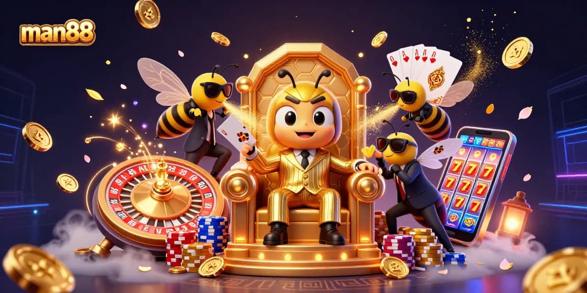 Spin the roulette with man88’s vibrant casino scene featuring a cartoon bumblebee mob boss.