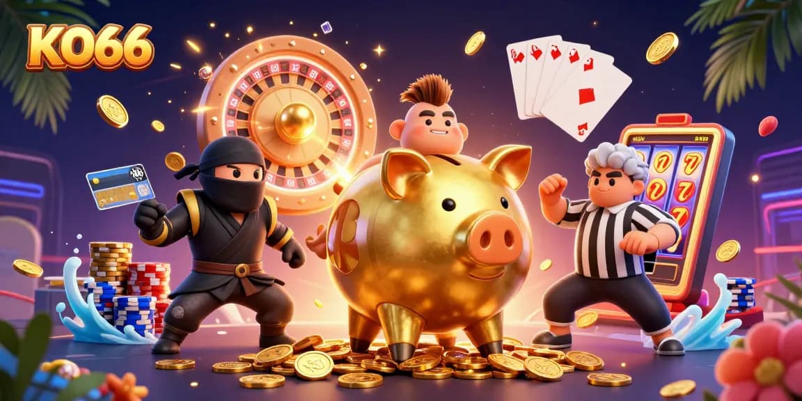 Play exciting games at KO66 with the golden piggy bank, samurai referee, and thrilling casino elements.