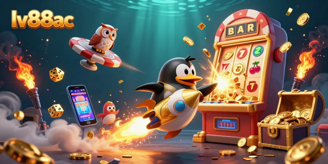 Experience thrilling casino action in lv88ac, featuring a golden penguin and a slot machine explosion.