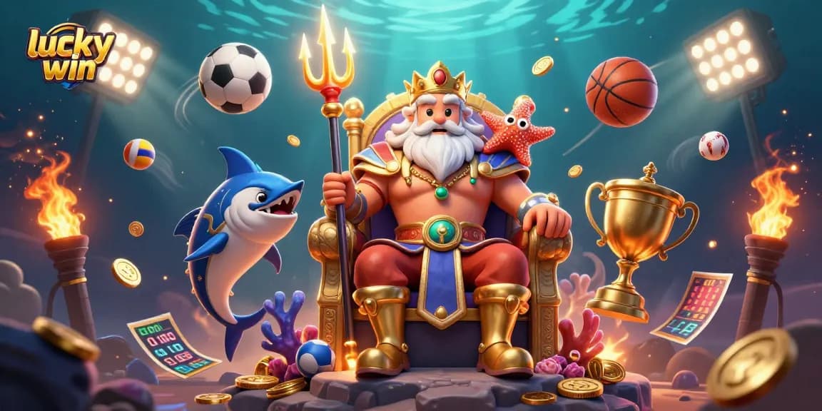 Experience the lucky win with Neptune amidst dynamic sports betting elements in this vibrant scene.