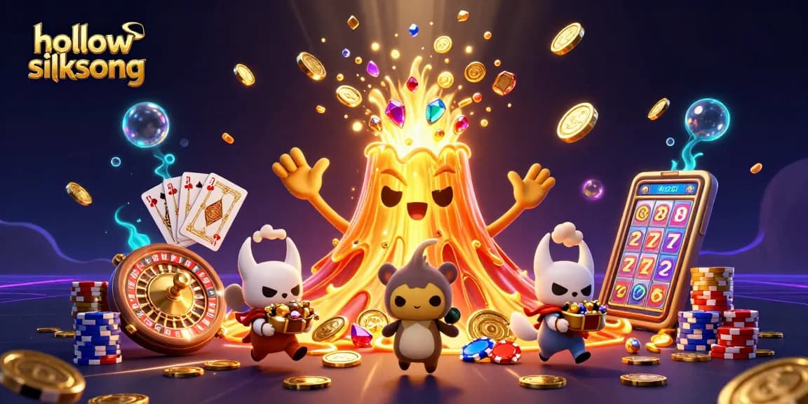 Disfruta de una escena épica de hollow knight silksong donde el volcán dorado erupciona tesoros mientras los aventureros huyen
