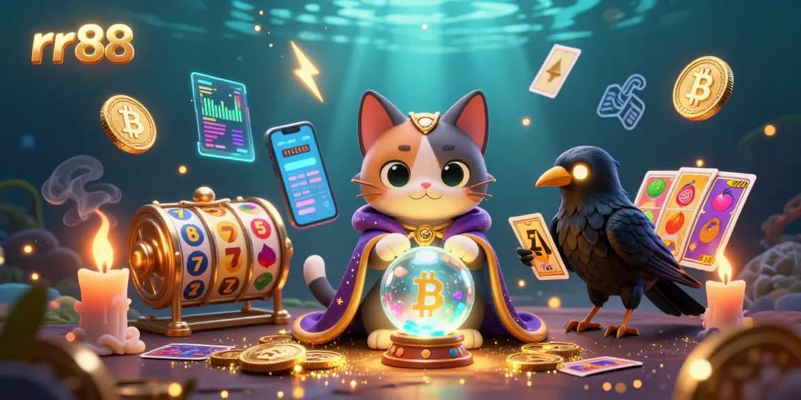 Join rr88 for thrilling casino adventures, featuring a mystical cat, tarot raven, and dazzling slot machines.