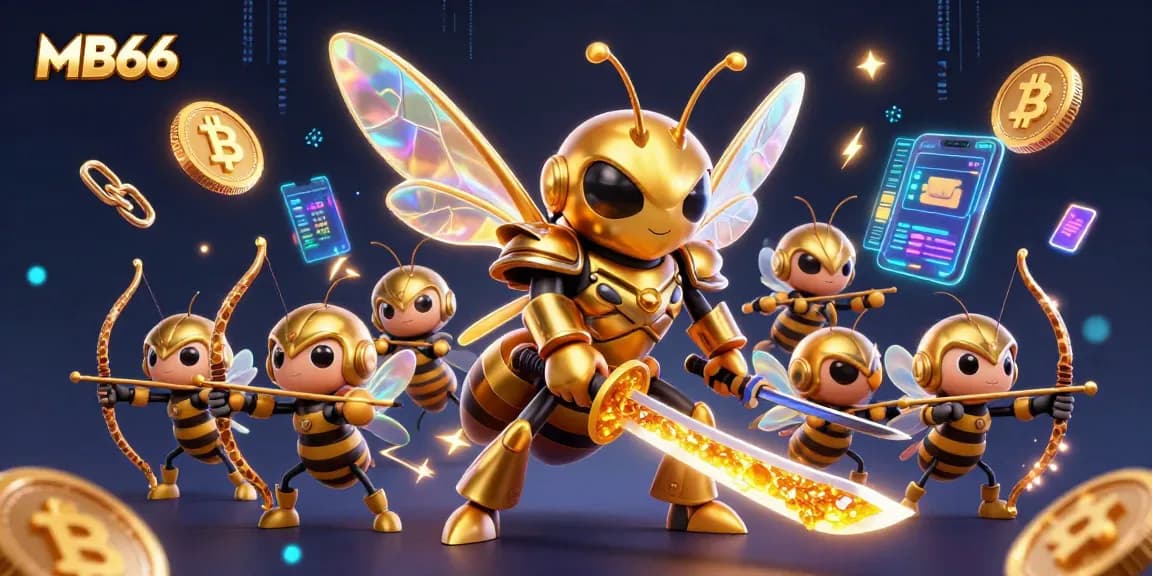 Experience the excitement of MB66 casino with vibrant characters and crypto elements in a thrilling illustration.
