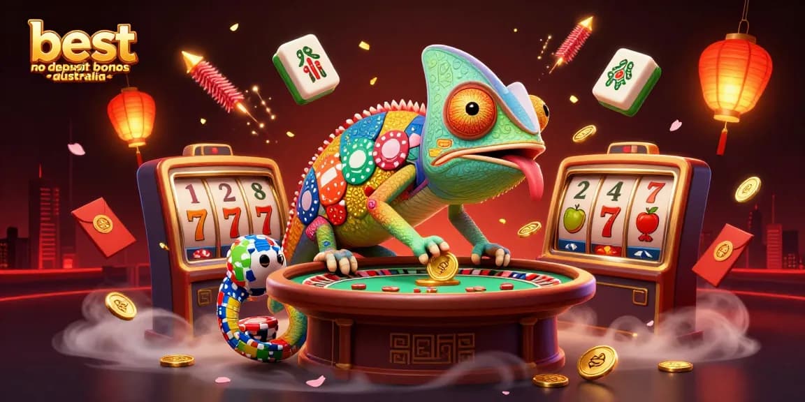 Experience the excitement of the best no deposit bonus Australia with a vibrant casino scene including a colorful chameleon.