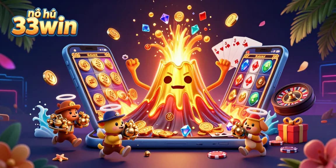 Nổ hũ 33win promotes thrilling jackpots, showcasing a vibrant scene with radiant treasures and dynamic gaming elements.