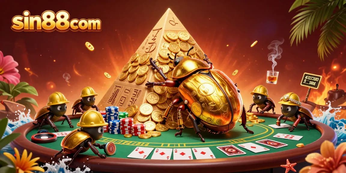 Experience the thrill of sin88com with golden beetles in action amid casino elements.