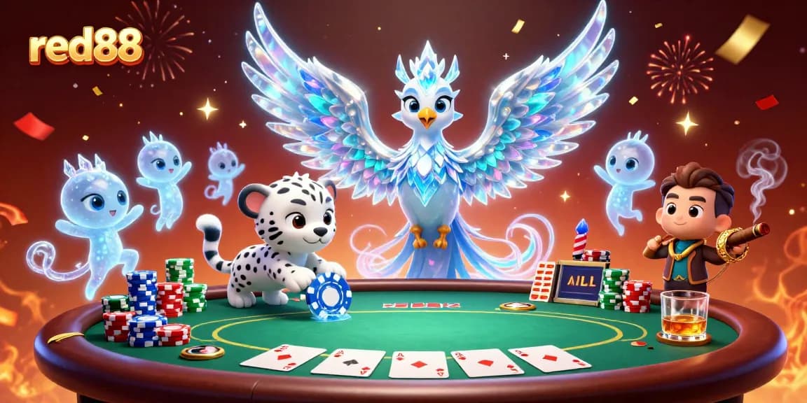 Experience immersive gameplay at red88 with an action-packed 3D phoenix and playful cub at a vibrant casino scene.