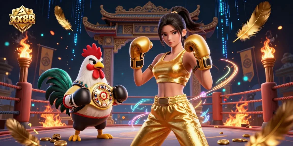Engage in exciting games at xx88 with a dynamic illustration of competitive spirit and rich casino elements.