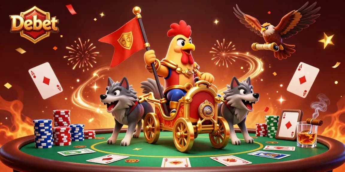 Debet showcases a vibrant poker scene with a rooster warlord and wolves in action.