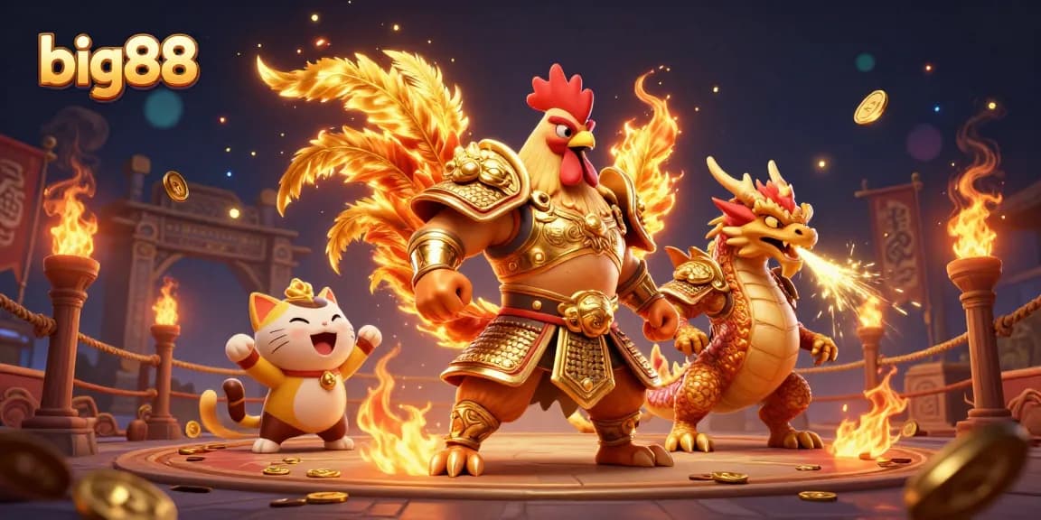 Engage in thrilling games at big88, featuring a vibrant rooster warrior and dragon among spinning gold fortunes.