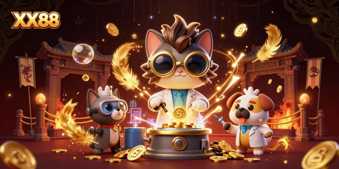 Engage with exciting games at XX88, featuring a cat scientist and dog assistant in a vibrant casino setting.