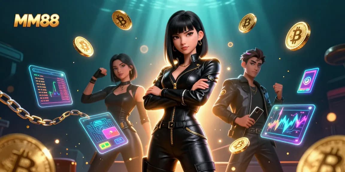 Engage with thrilling MM88 casino games featuring a powerful female character amidst dynamic cryptocurrency visuals.