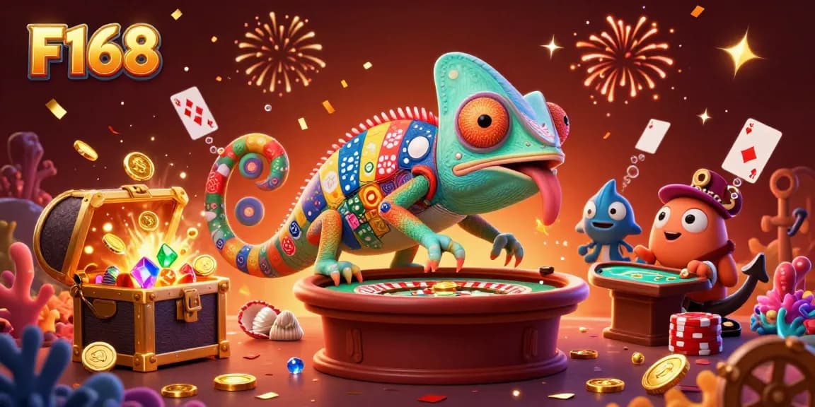 Experience the thrill of the F168 casino scene with a chameleon owner catching golden coins in a dynamic underwater treasure environment.