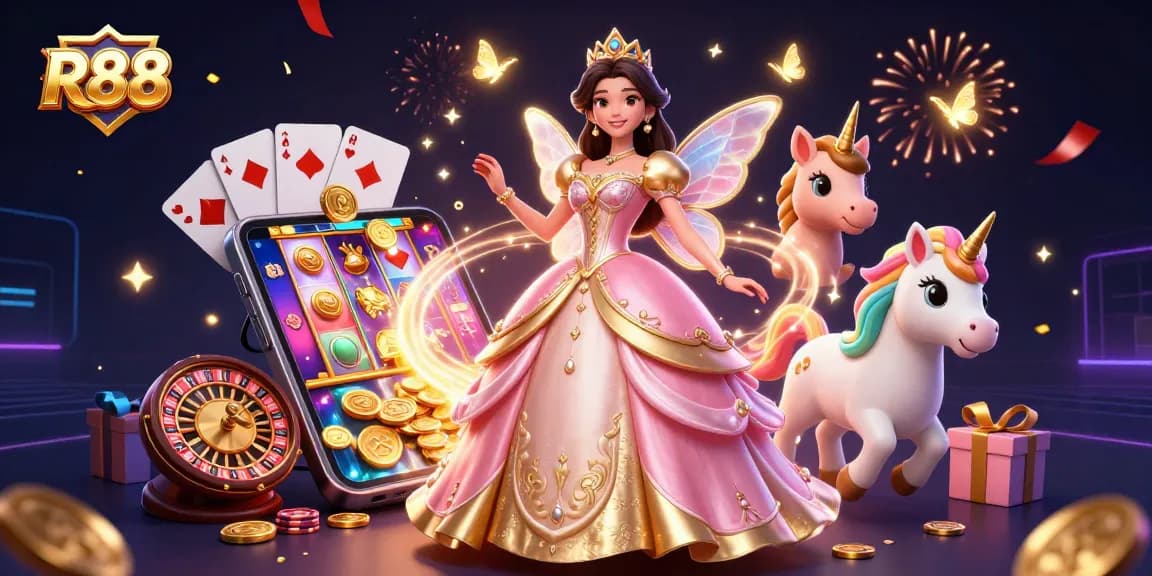 Spin and win at R88 in a whimsical casino scene featuring fairytale elements and vibrant colors.